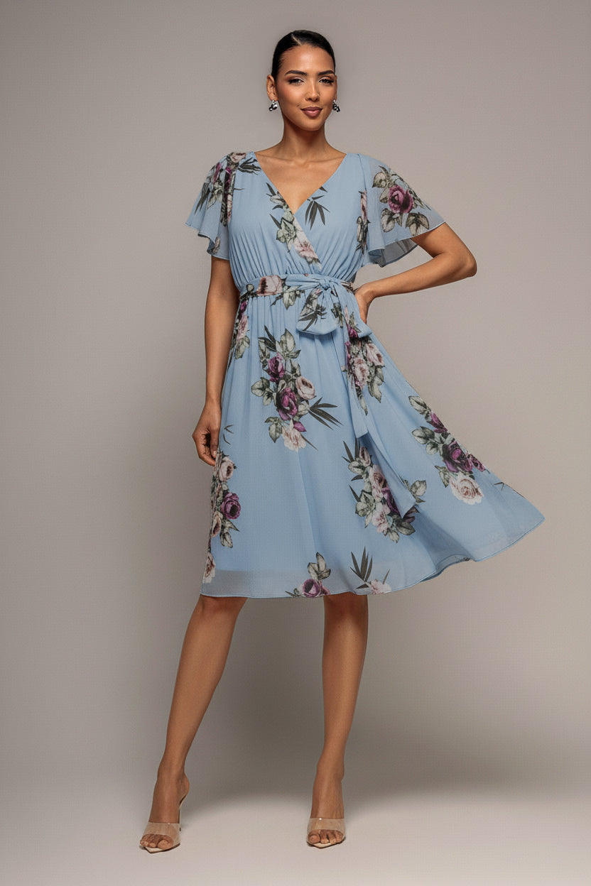 Goddiva Sustainable Floral Print Midi Wrap Dress With Flutter Sleeves