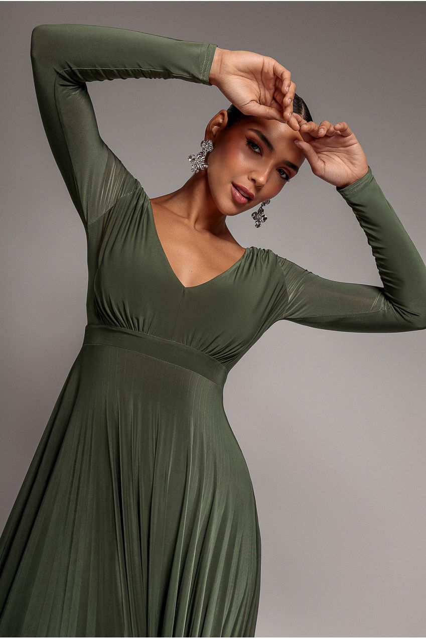 Goddiva Plunge Neck Long Sleeve A-line Maxi Dress