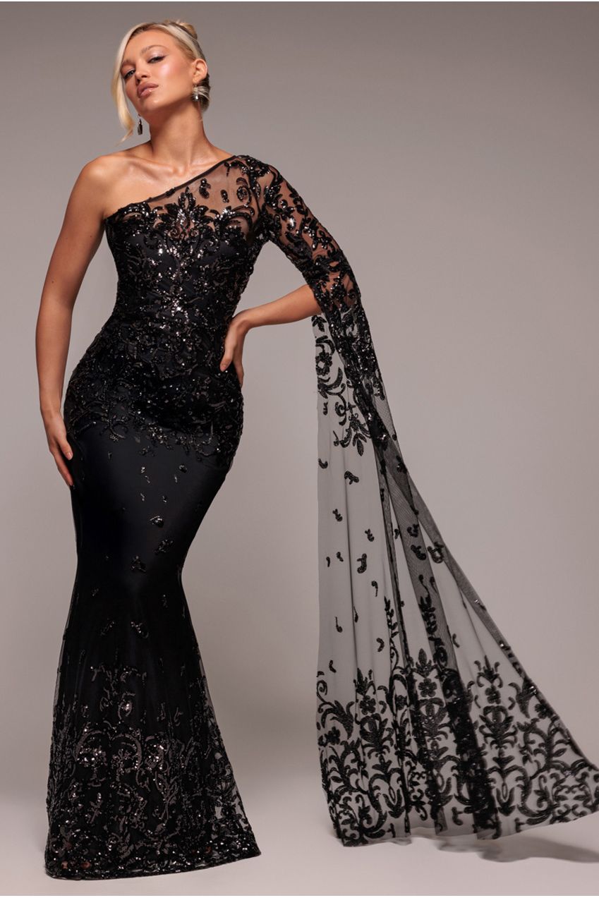 Goddiva Sequin Mesh One Shoulder Evening Maxi Dress