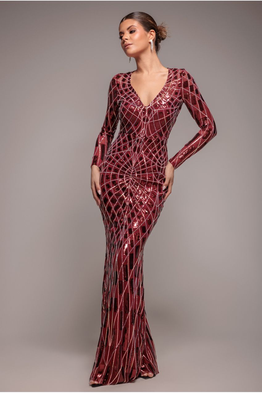 Goddiva Geo Sequin Long Sleeve Maxi Dress