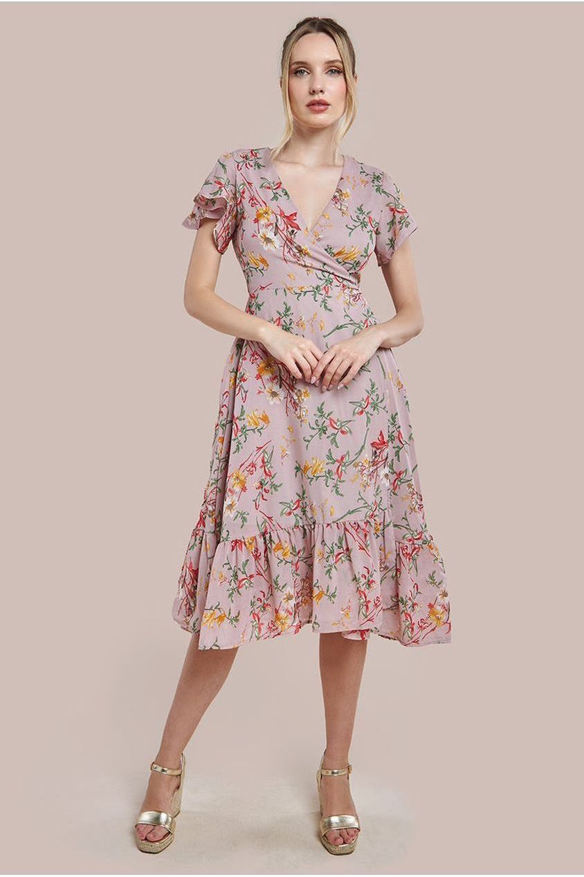 City Goddess Wrap Flutter Sleeve Floral Midi Dress