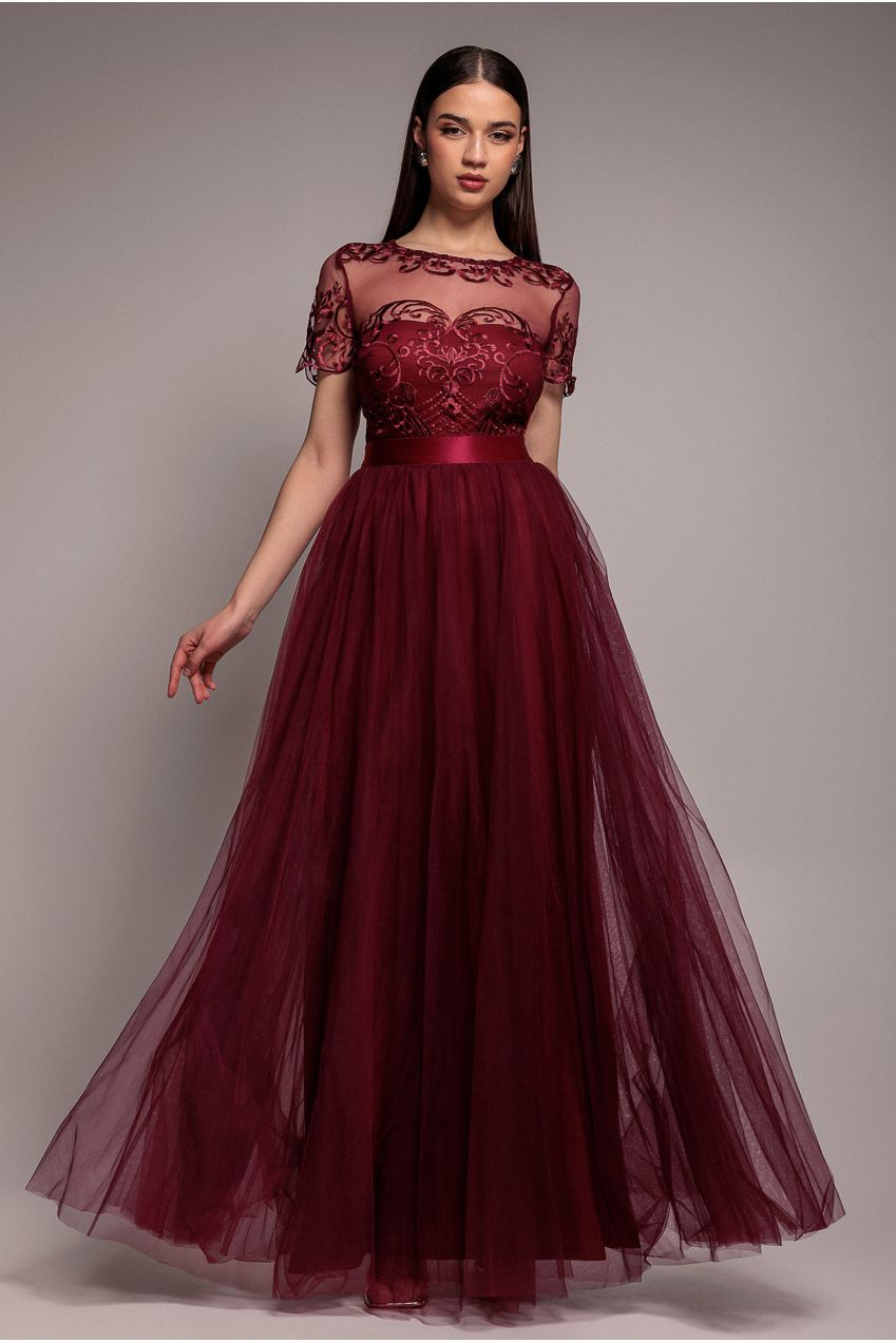 Goddiva Embroidered Mesh Maxi Dress