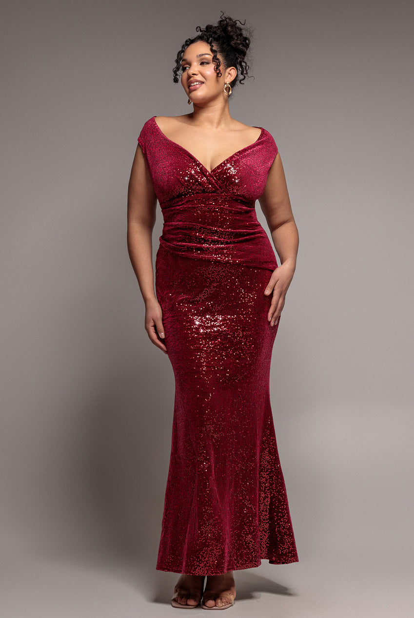 Goddiva Plus Sequin & Velvet Bardot Maxi Dress