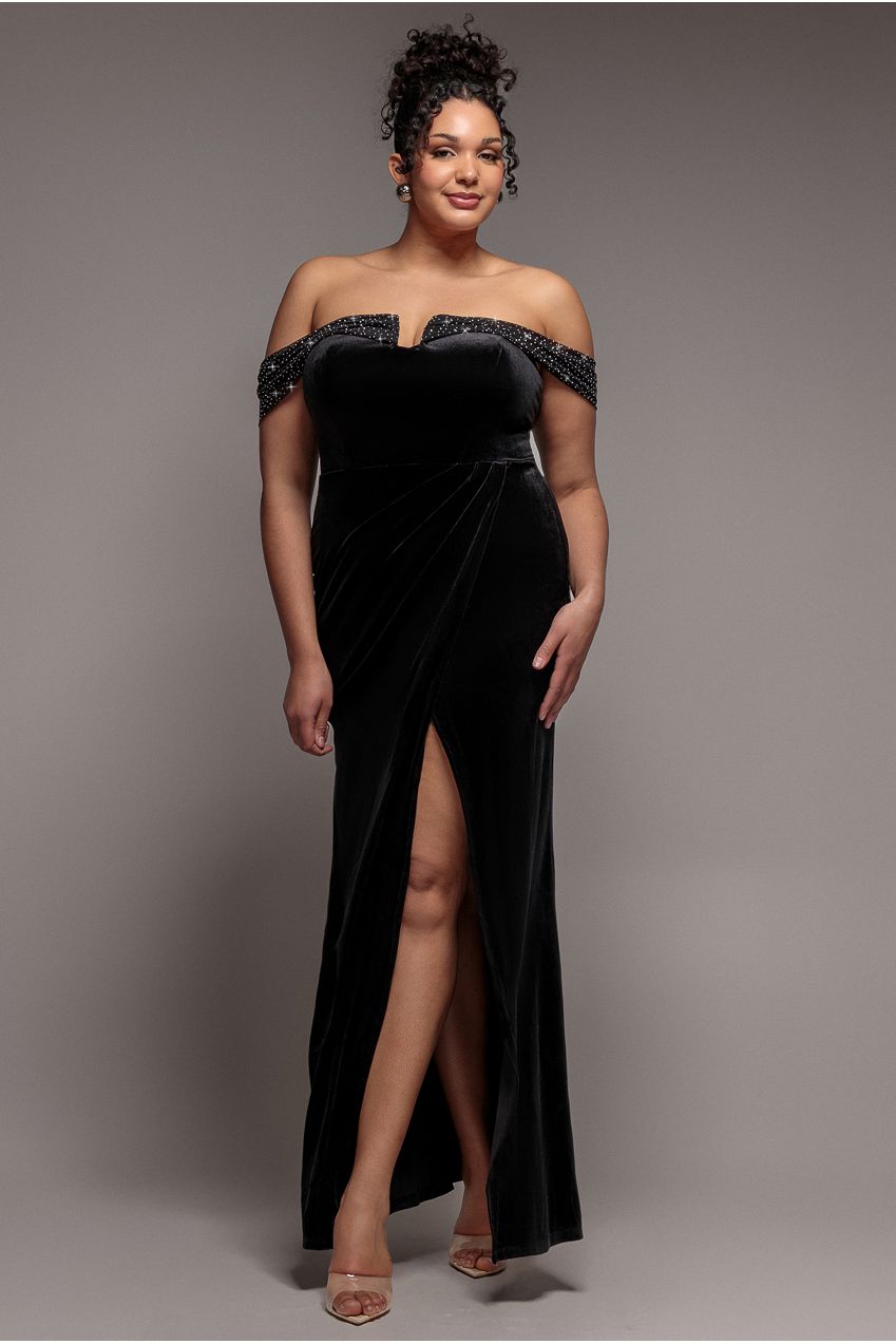 Goddiva Plus Off Shoulder Hotfix Diamante Wing Velvet Maxi Dress