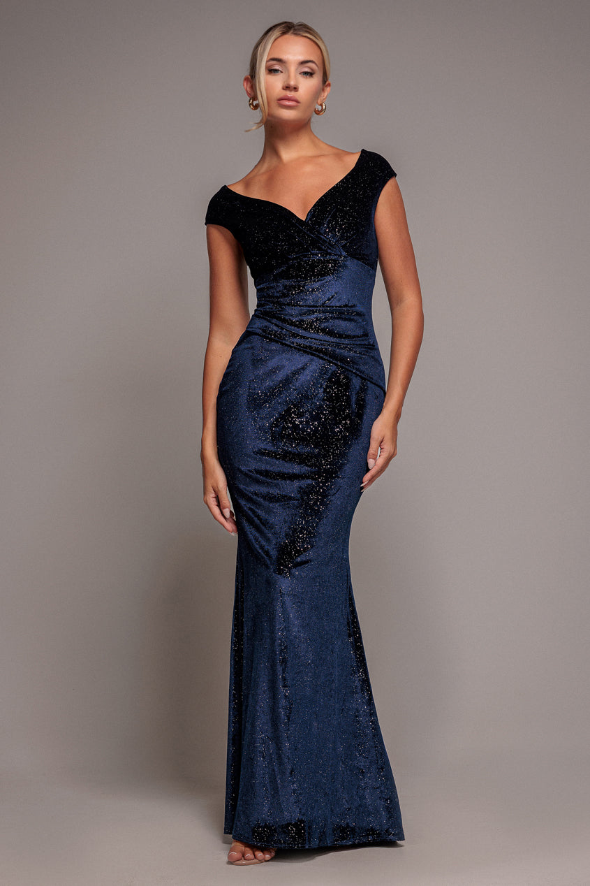 Goddiva Shimmer Velvet Bardot Maxi Dress