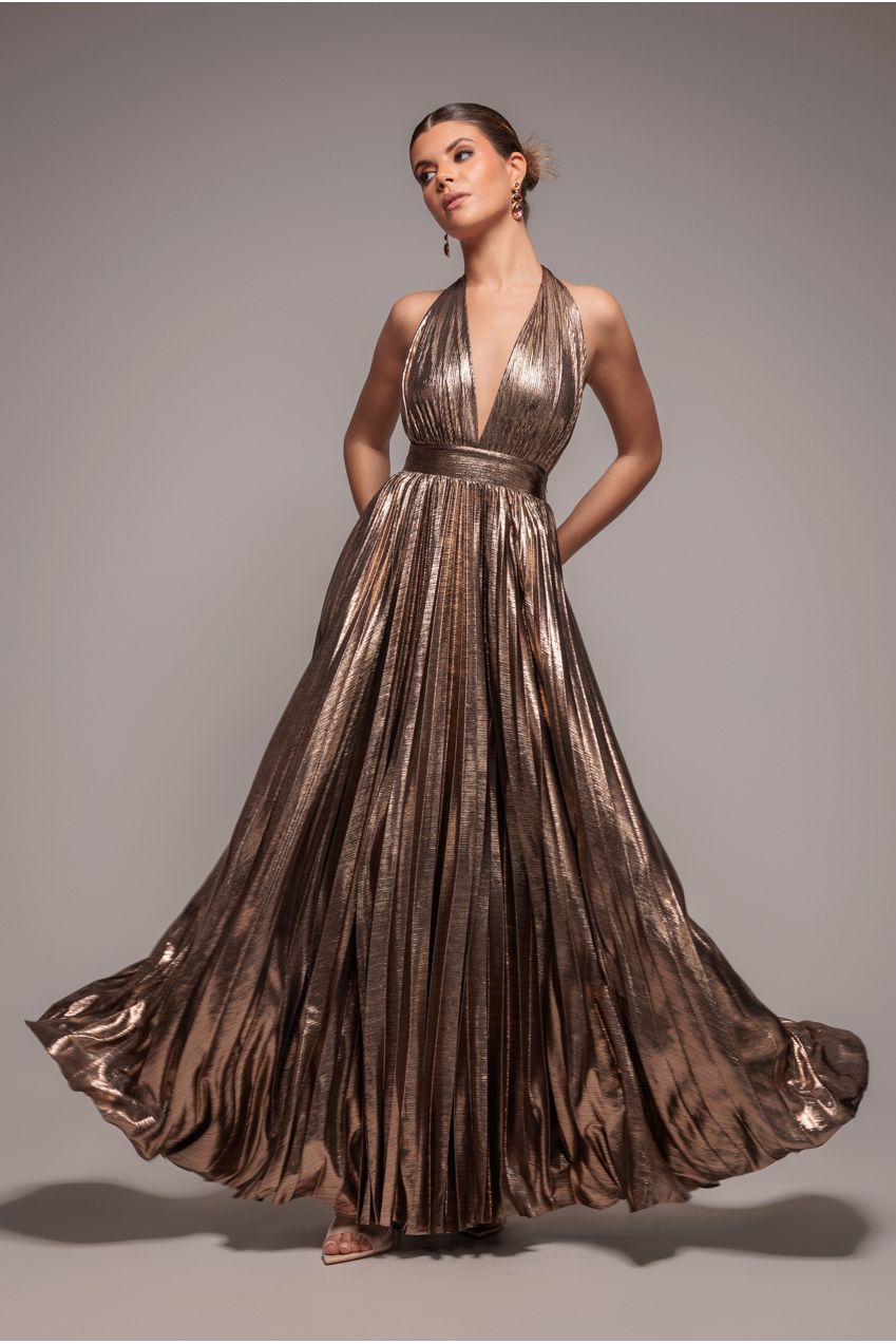 Goddiva Sunrise Foil Halterneck A-Line Maxi Dress