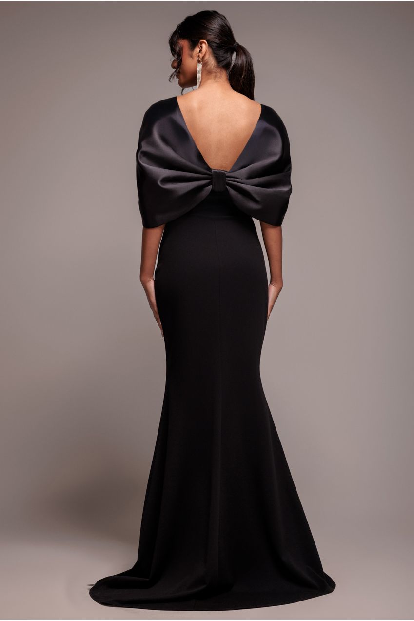 Goddiva Off Shoulder Back Satin Bow Scuba Maxi Dress