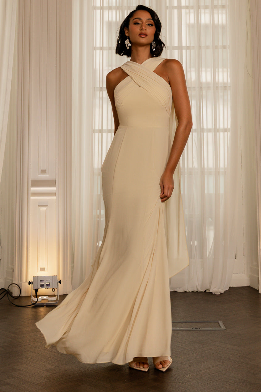 Goddiva Cross Front Scarf Back Chiffon Mermaid Maxi Dress