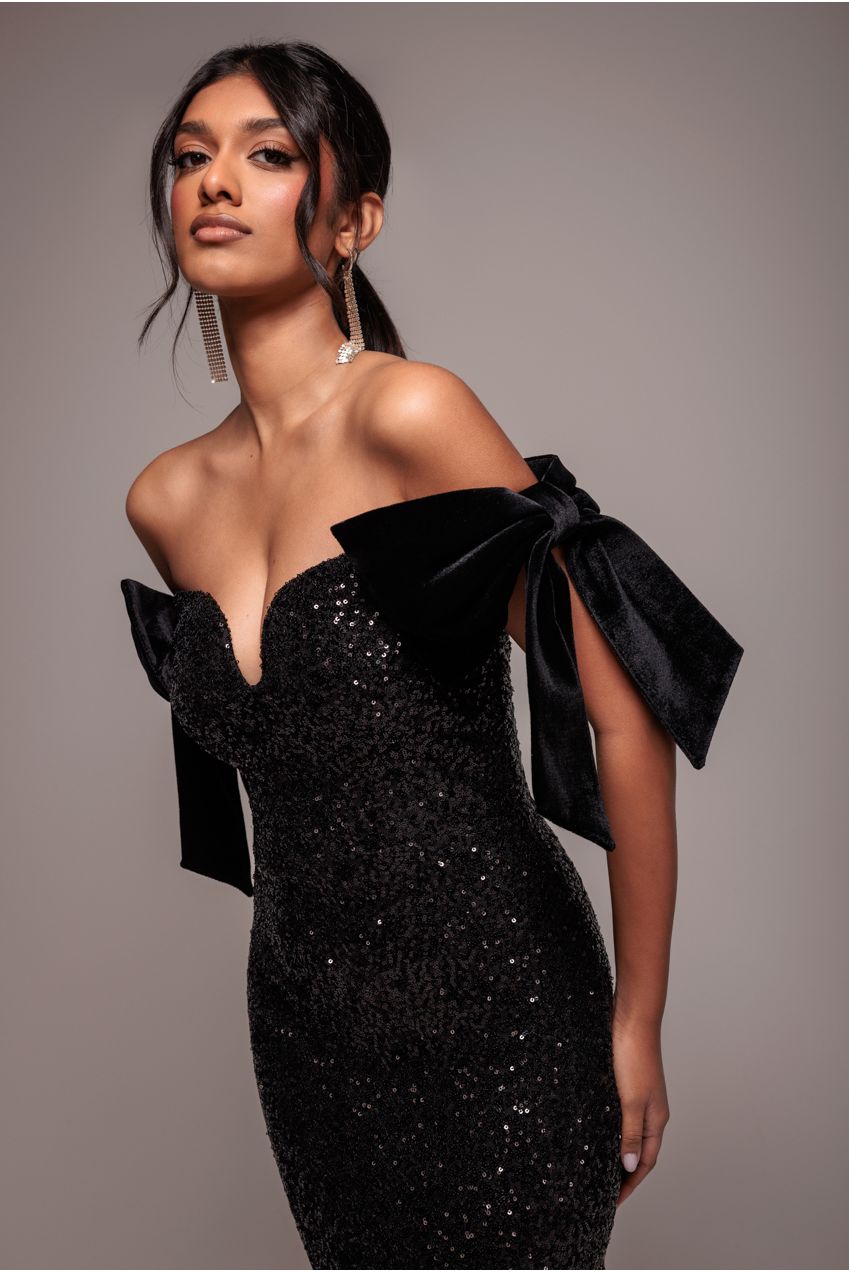 Goddiva Sequin Off The Shoulder Velvet Bow Maxi Dress