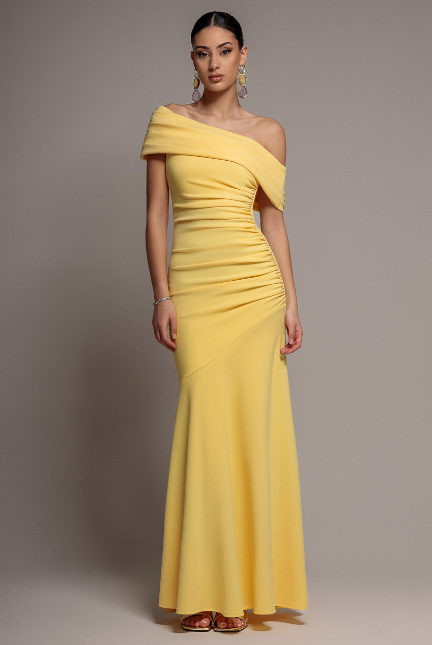 Goddiva Pleated One Shoulder Bardot Fit And Flare Maxi Dress