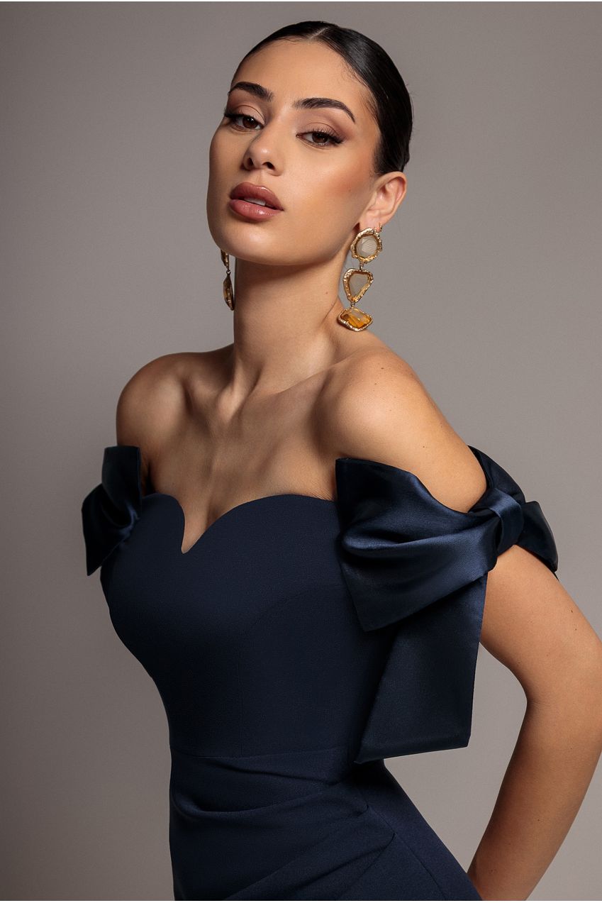 Goddiva Satin Bow Bardot Sheath Maxi Dress