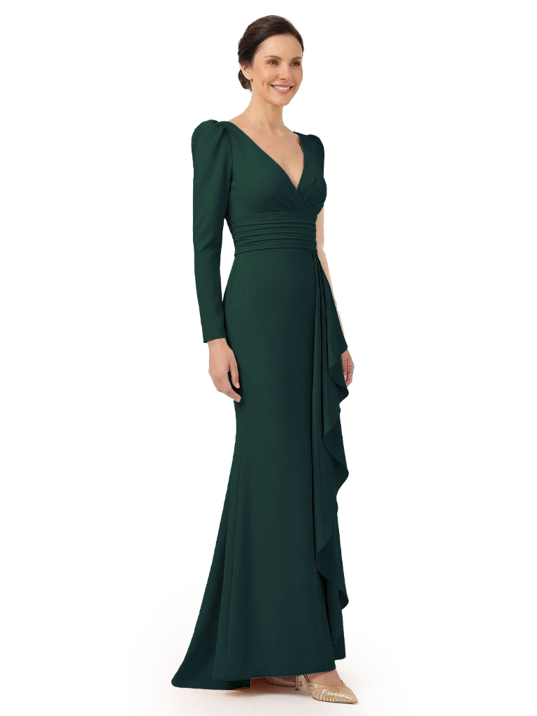 Chicsew V-Neck Long Sleeves Ruffle Crepe Mother Of The Groom Dress Mermaid