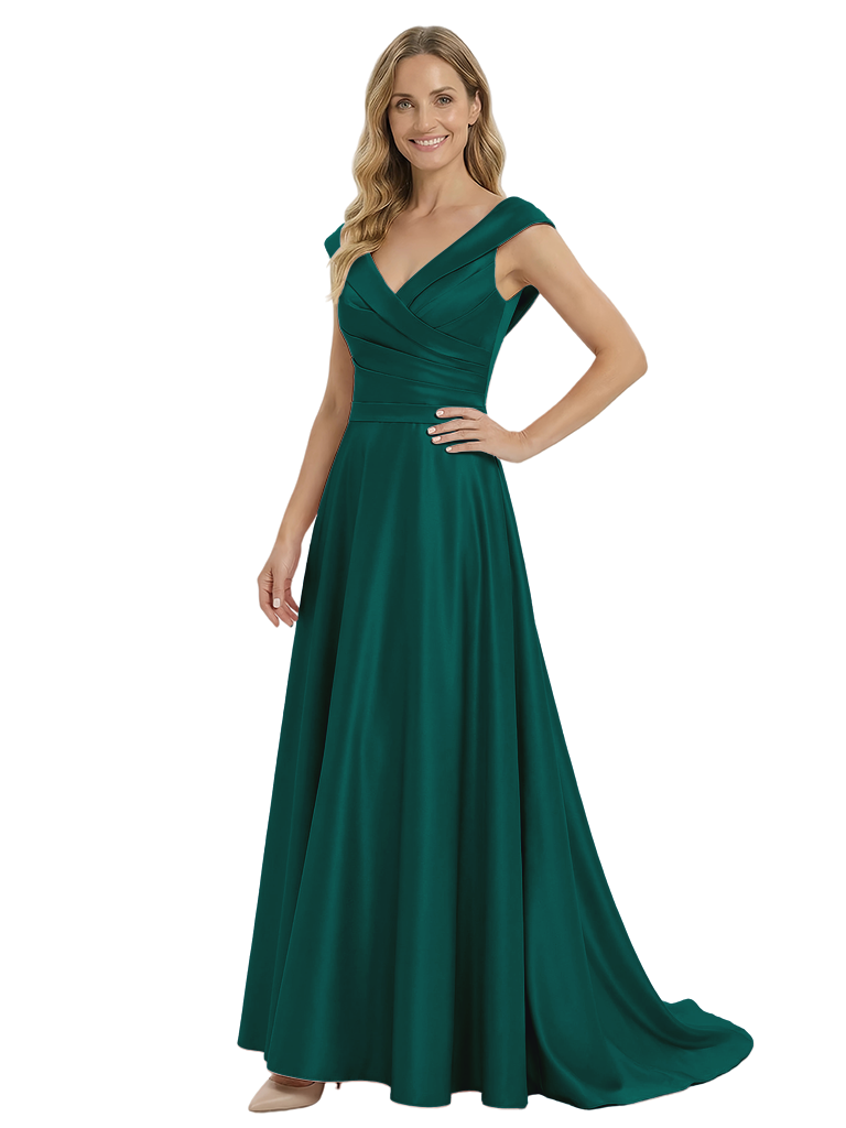 Gorgeous Mother of The Groom Dress Modern V-Neck Satin Wrap A-Line Long Train Formal Evening Gown