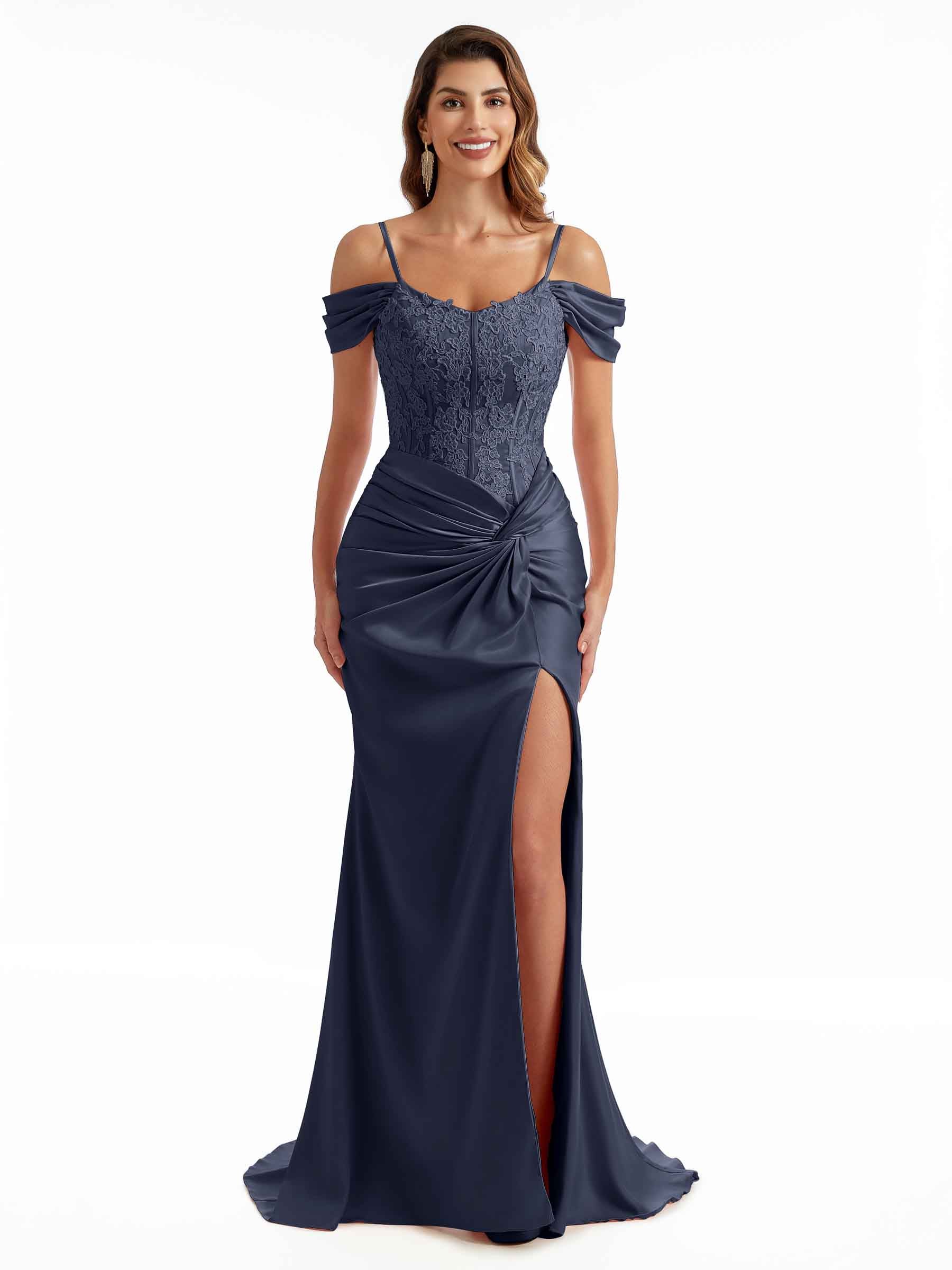 Sexy Side Split Cold Shoulder Lace Top Maxi Satin Modern Formal Bridesmaid Dresses Online
