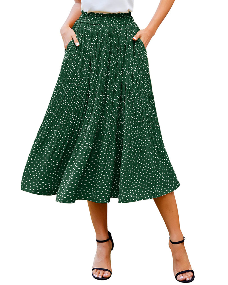 Women's Midi Skirts Elastic High Waist Skirt Polka Dot Casual Pleated Skirt with Pockets - Zeagoo- Gark Green