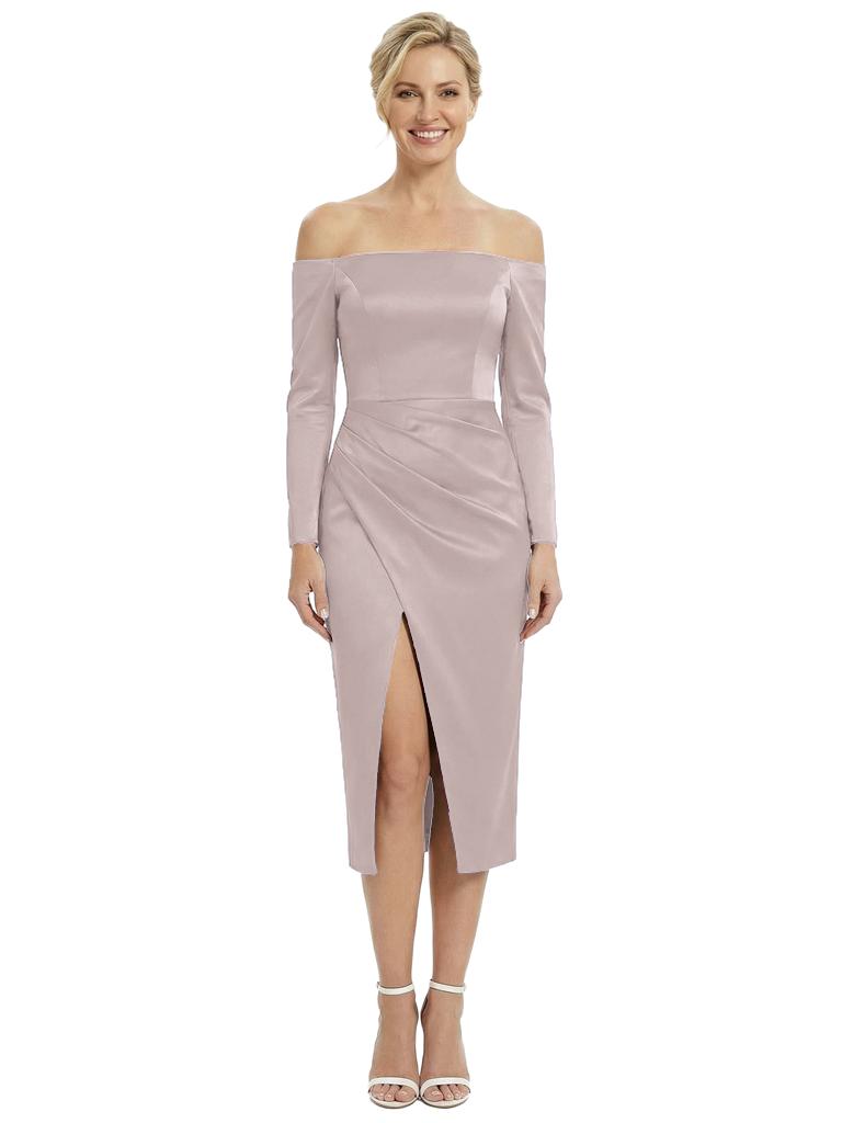 Chicsew Modern Off The Shoulder Long Sleeve Satin Tea-Length Mother Of The Bride Dress With Side Slit