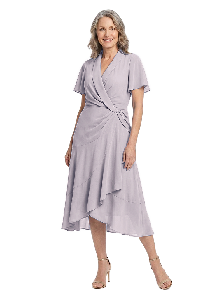 ChicSew Classy Flutter Sleeve V-Neck Chiffon Midi Mother Of The Groom Dress With Ruffle