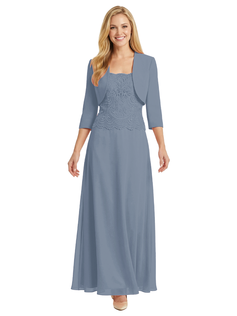 Mother of The Bride Outfit Square Neck Half Sleeve Lace Chiffon Maxi Dress with Jacket