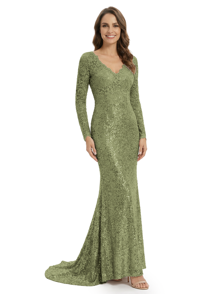 Sparkly Lace Sequin Mother Of The Groom Dress V-Neck Long Sleeve Mermaid Formal Gown