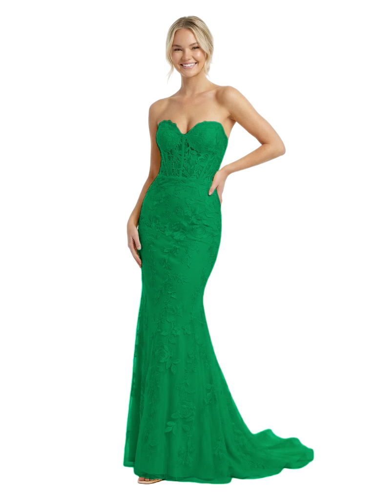 Sexy Strapless Sweetheart Ruched Mermaid Corset Lace Maxi Evening Prom Dress