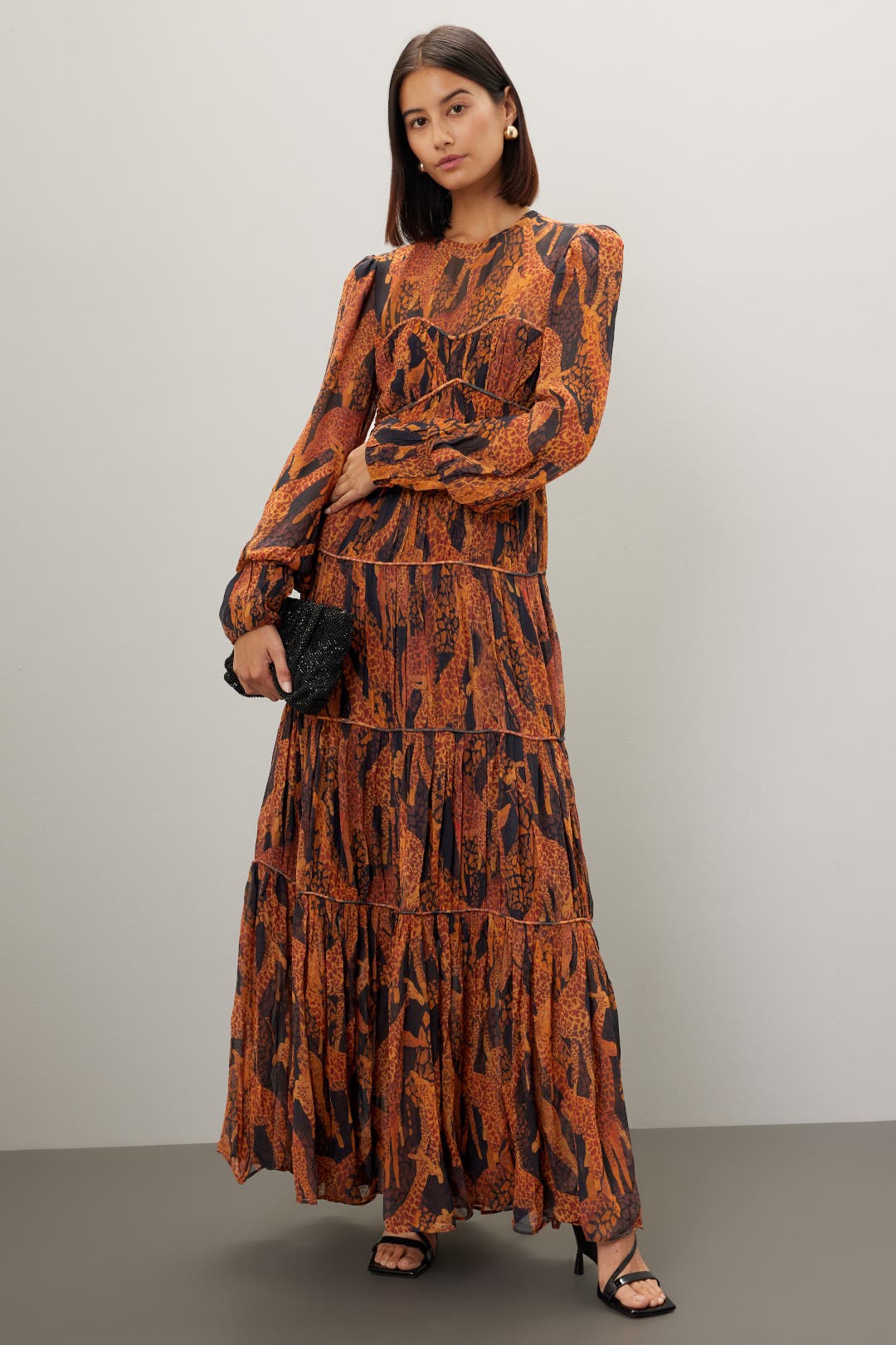 Farm Rio Giraffes Puff Sleeve Maxi Dress Orange-multicolored-print