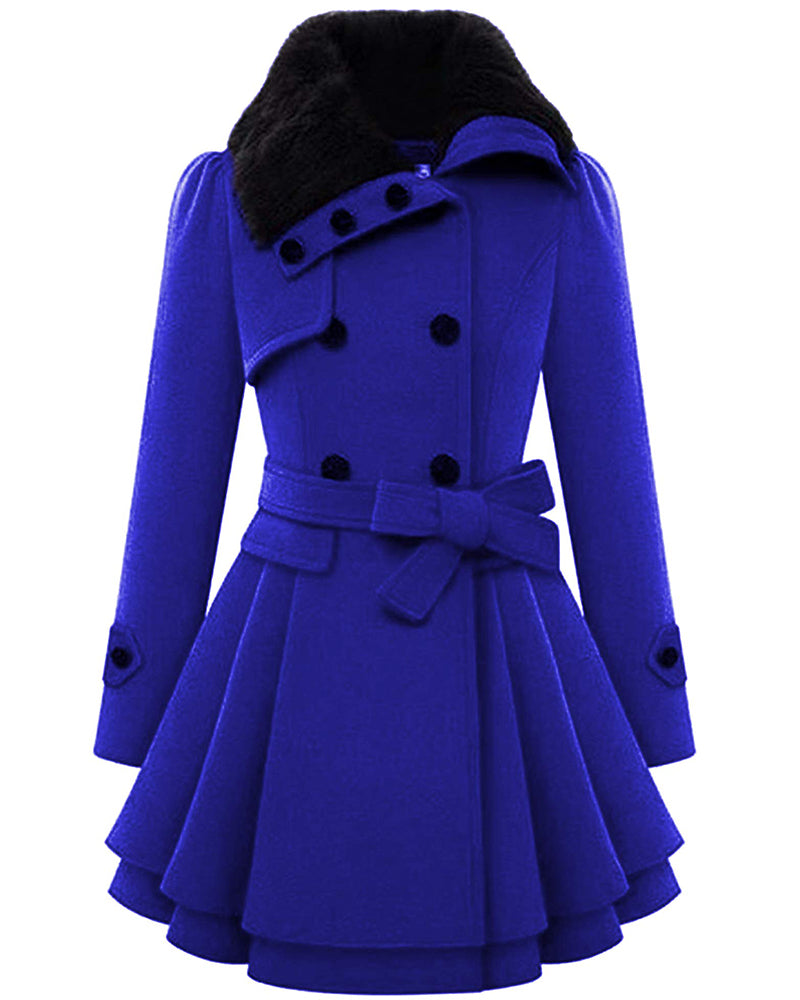 Faux Fur Lapel Double-Breasted Thick Wool Coat - Zeagoo- Bronze Violet