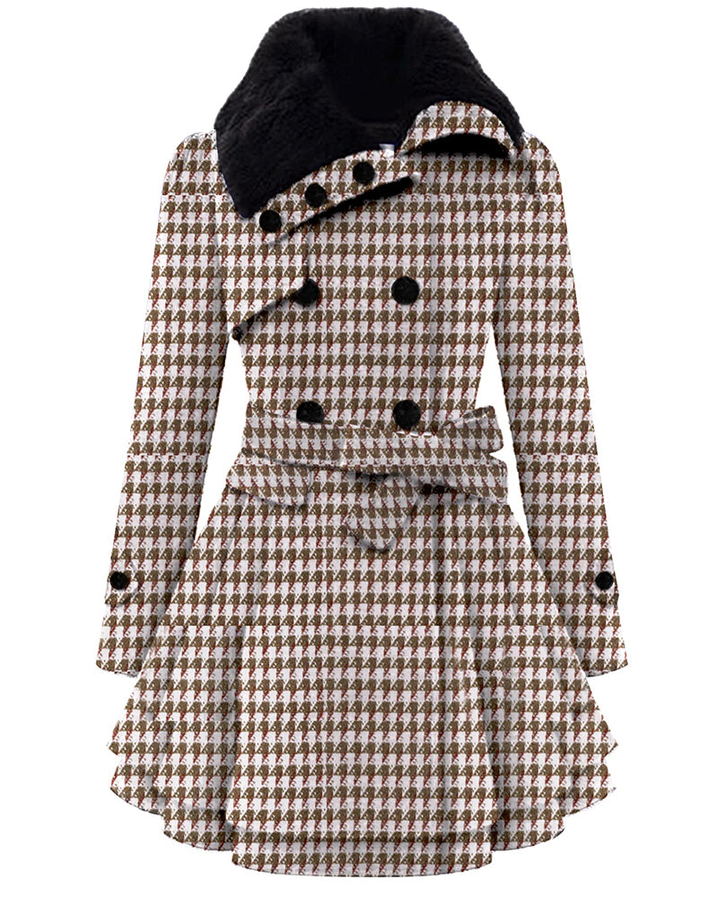 Faux Fur Lapel Double-Breasted Thick Wool Coat - Zeagoo- Khaki Houndstooth