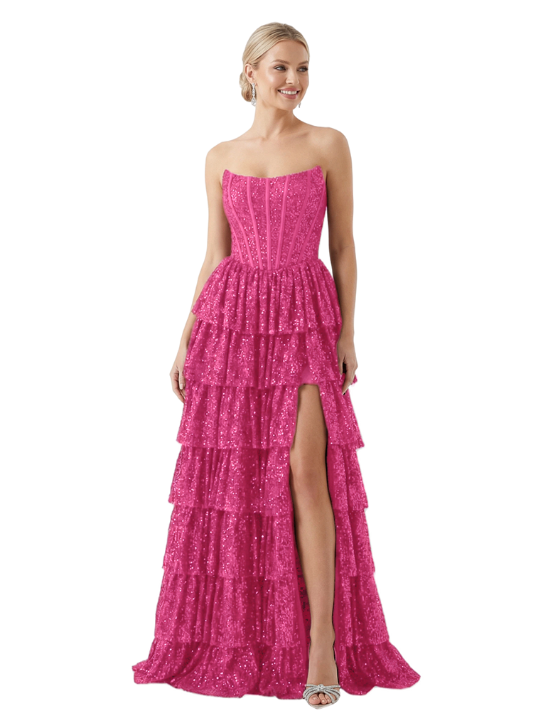ChicSew Sexy Strapless Corset Prom Dress Sequin Tiered Ruffle Slit Floor Length Formal Evening Gown