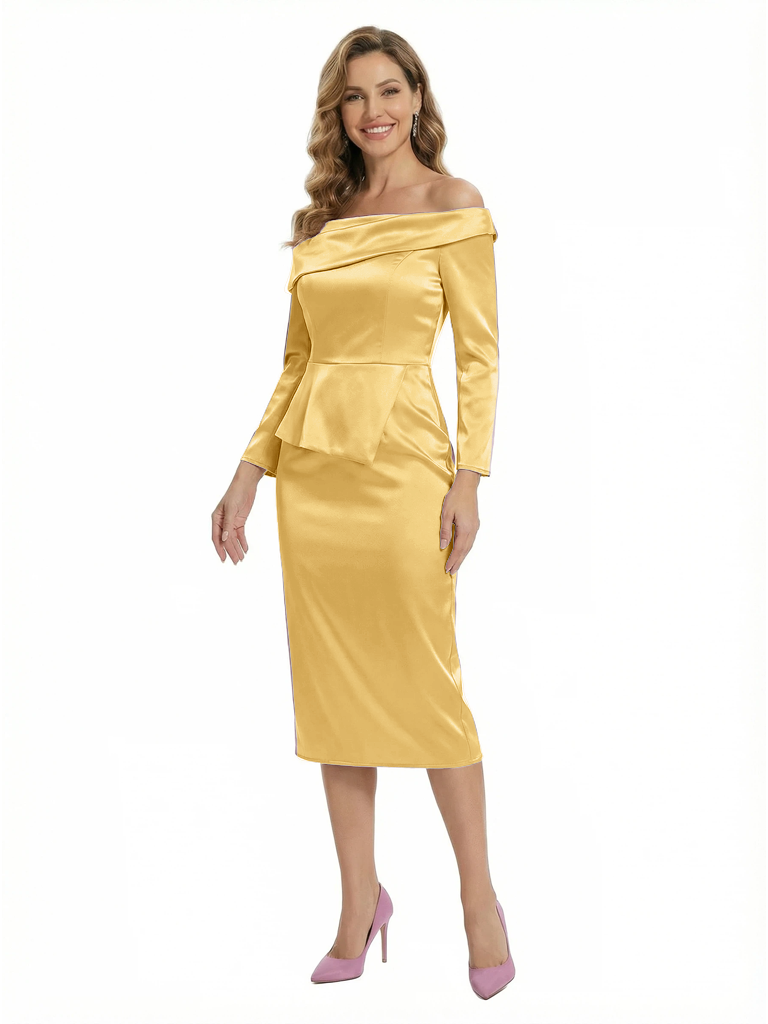 Chicsew Chic Off Shoulder Long Sleeves Sheath Satin Mother of The Groom Dress