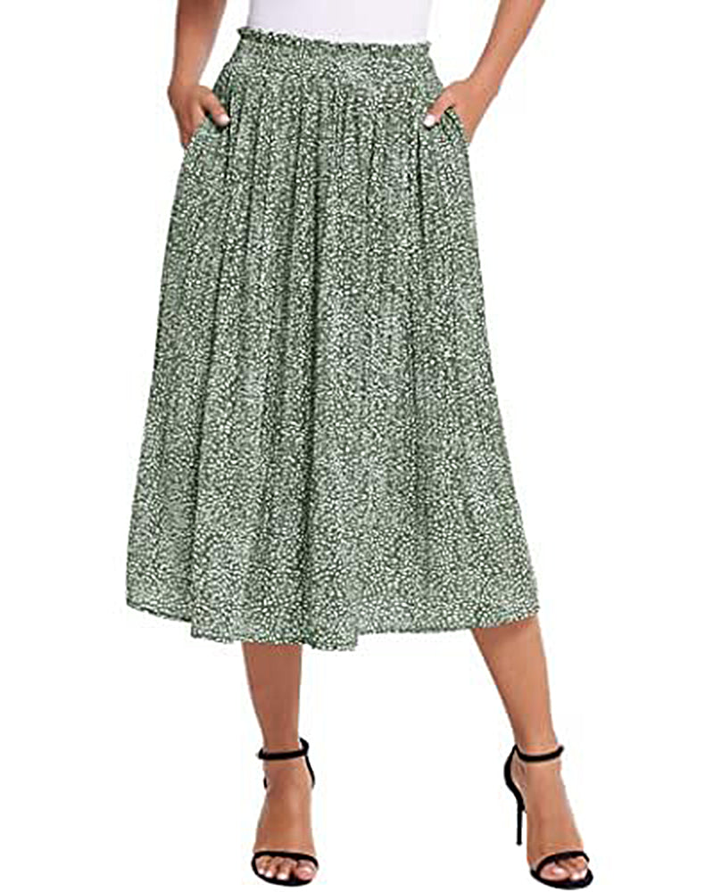 Women's Midi Skirts Elastic High Waist Skirt Polka Dot Casual Pleated Skirt with Pockets - Zeagoo- Green