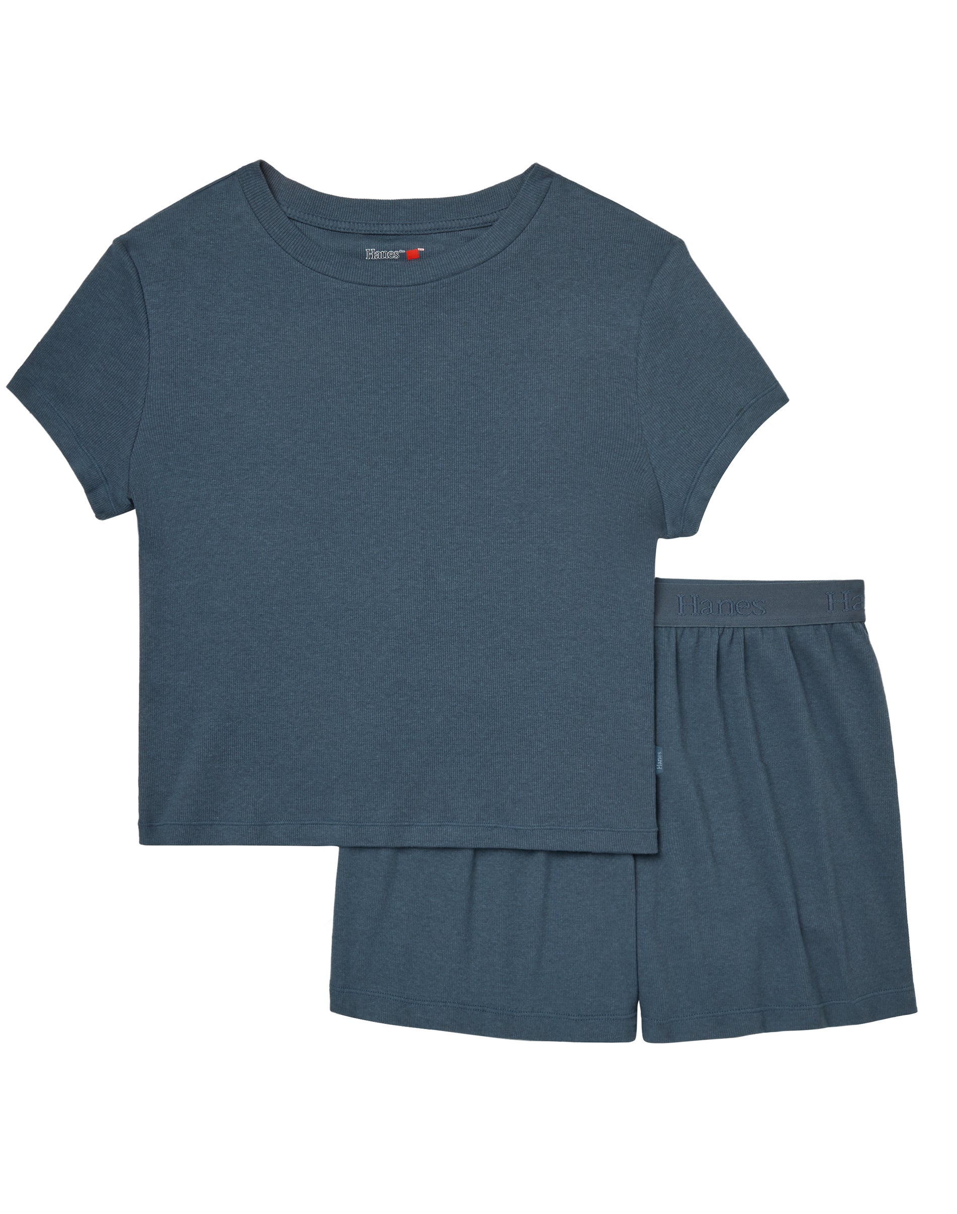 Hanes Originals SuperSoft Comfywear Women's Ribbed Babydoll Tee & Shorts Pajama Set - Soft Loungewear Stargazer GreyStargazer Grey