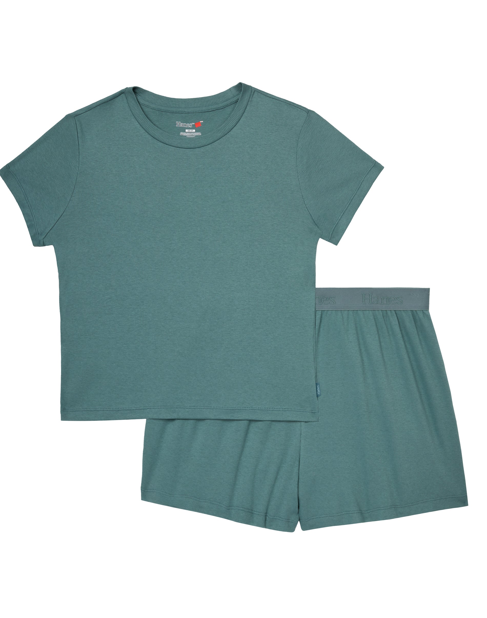 Hanes Originals SuperSoft Comfywear Women's Ribbed Babydoll Tee & Shorts Pajama Set - Soft Loungewear Faded Sage GreenFaded Gr