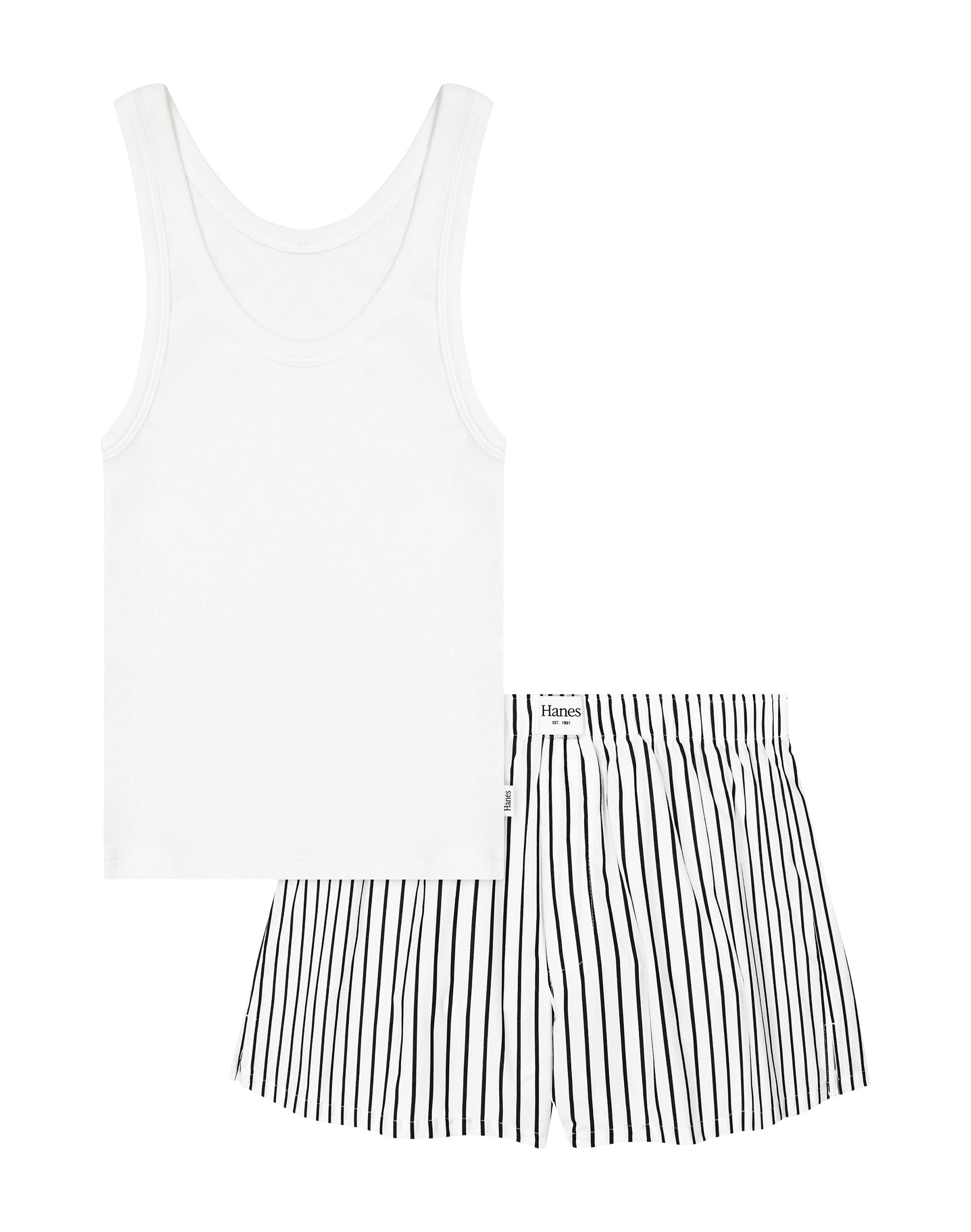 Hanes Originals Women's Comfywear Pajama Set, Sleep Top & Woven Shorts, Loungewear WhiteBlack Stripe