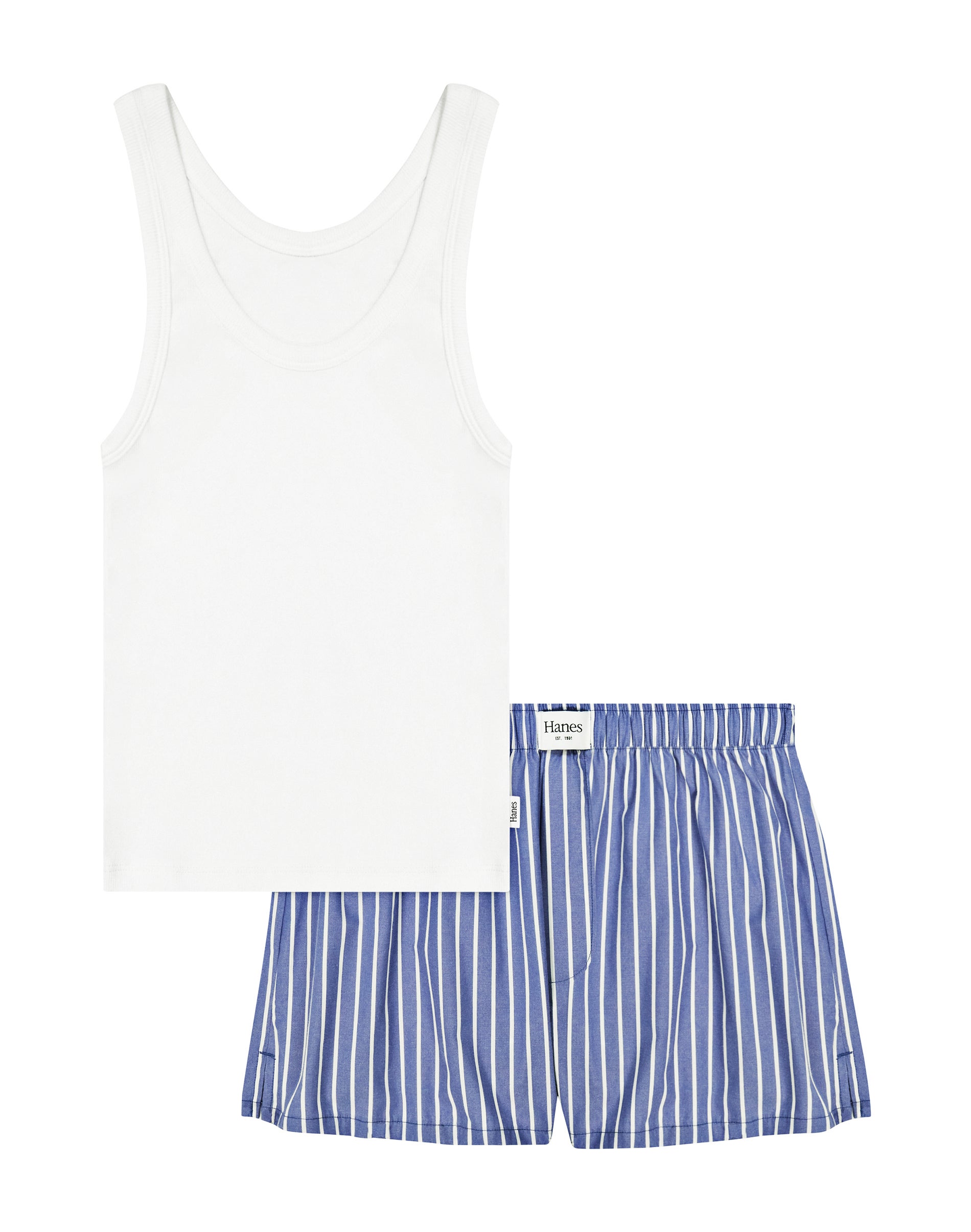 Hanes Originals Women's Comfywear Pajama Set, Sleep Top & Woven Shorts, Loungewear WhiteBeaming Violet Stripe
