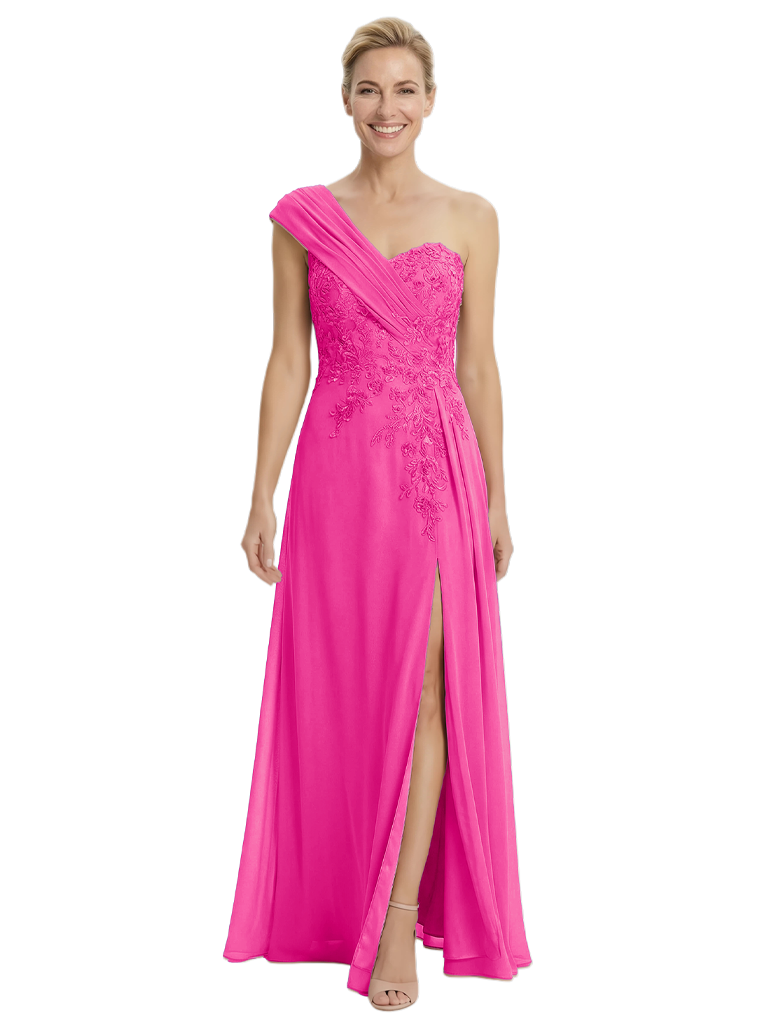 Mother of The Groom Dress One Shoulder Lace Beaded Chiffon Floor-Length Gown with Slit