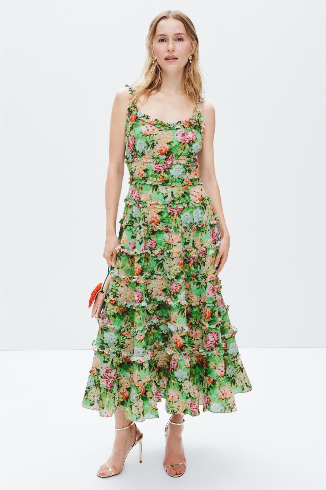 Ieena for Mac Duggal Ruffle Floral Sweetheart Neck Midi Dress Multicolored-green-print