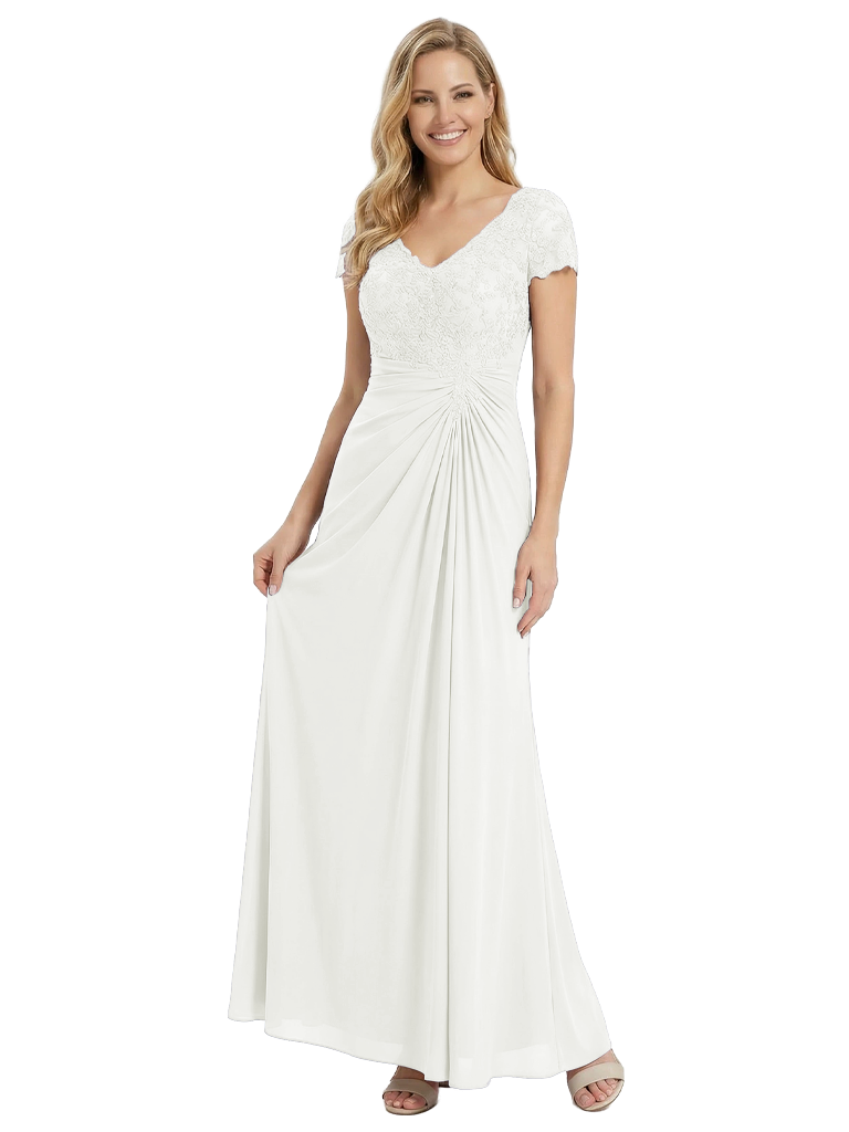 Chicsew Mother of The Groom Dresses V-Neck Short Sleeve Lace Chiffon Maxi Gown Classy Ruched Formal Bridal Party Dress