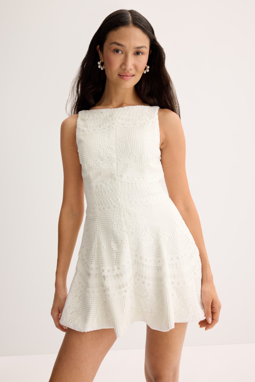 Jewel x Badgley Mischka Boat Neck Fit & Flare Mini Dress White