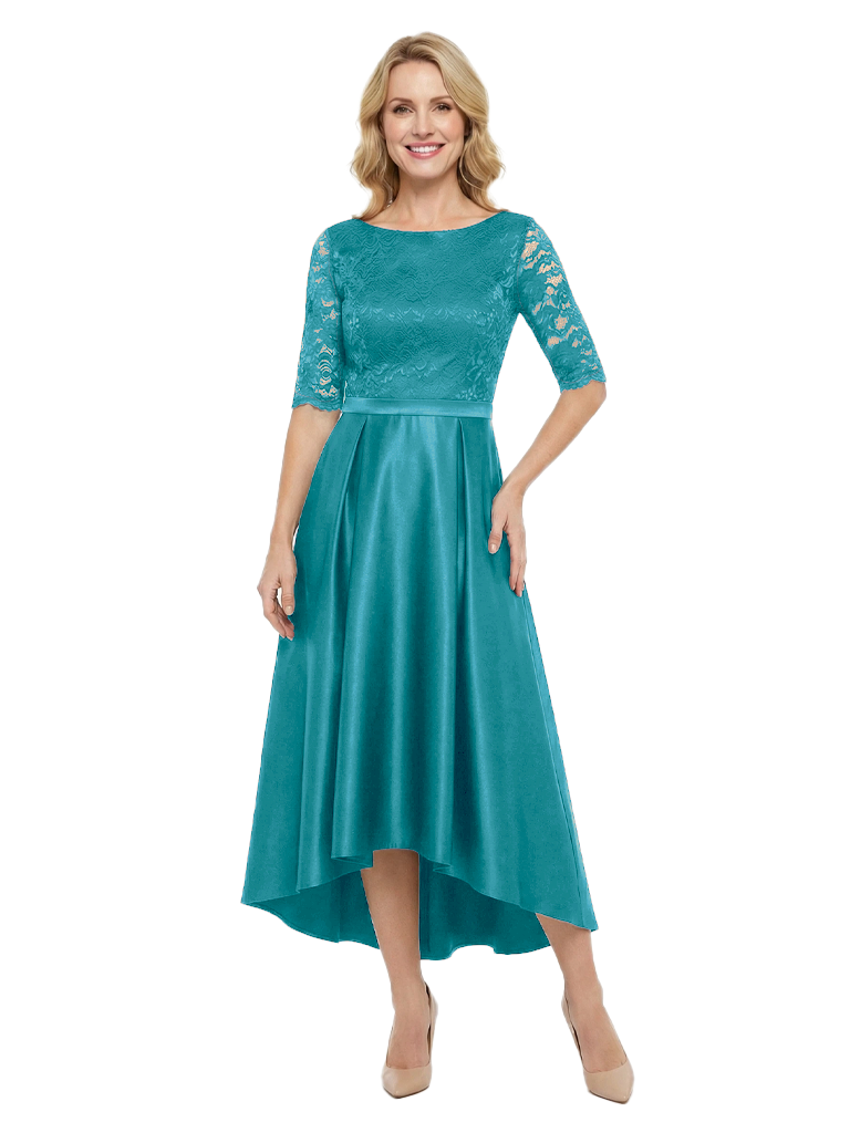 Chicsew Elegant Mother Of The Bride Dress Half Sleeves Lace Satin High-Low A-Line Gown