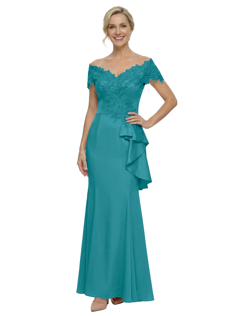 Glam Off Shoulder Short Sleeve Mother of The Groom Dress Fancy Mermaid Satin Maxi Gown with Lace Embellishments