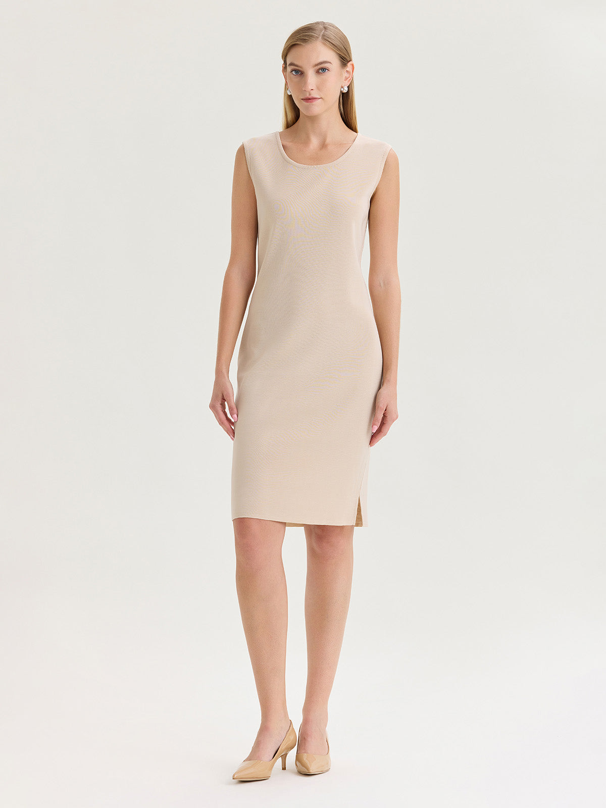 Sleeveless Sheath Knit Dress, Biscotti