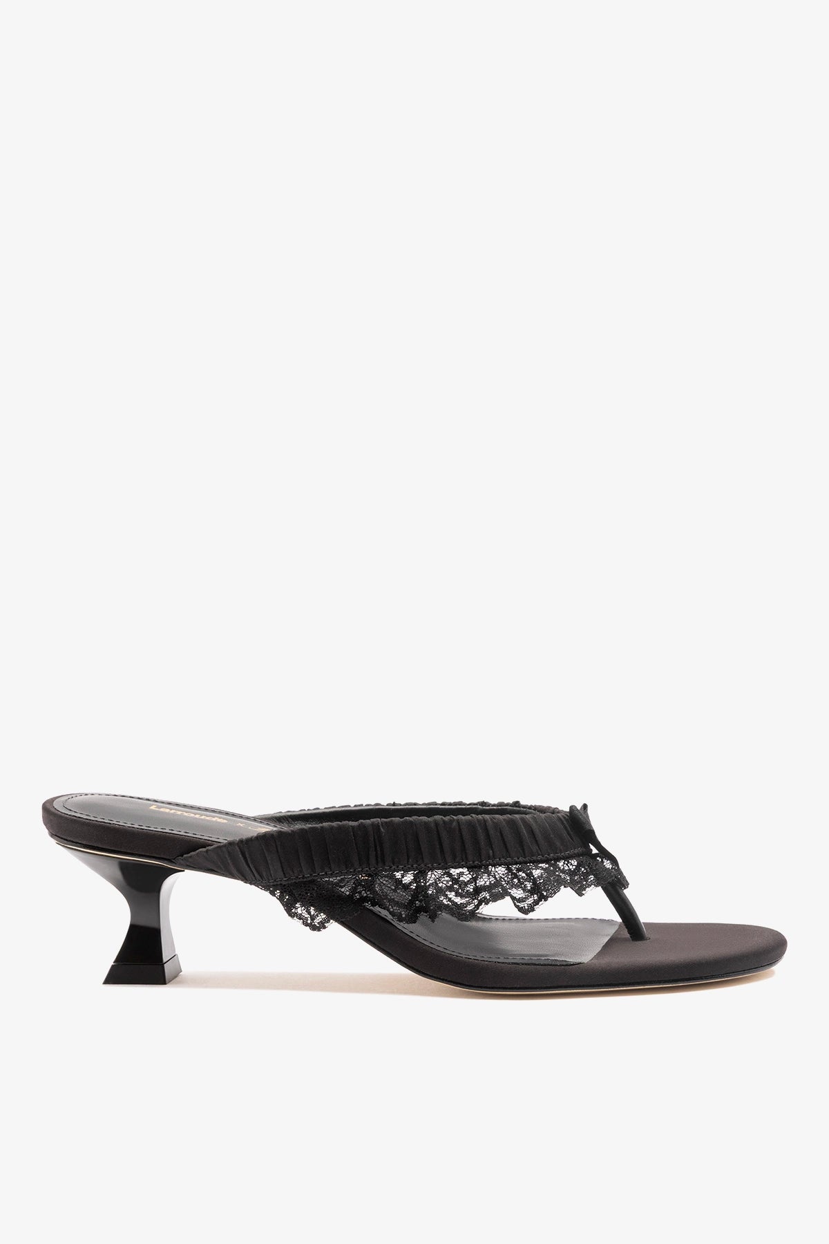 Larroudé x Tanner Fletcher: Gaia Low Lingerie Thong Sandal Black Satin - Black