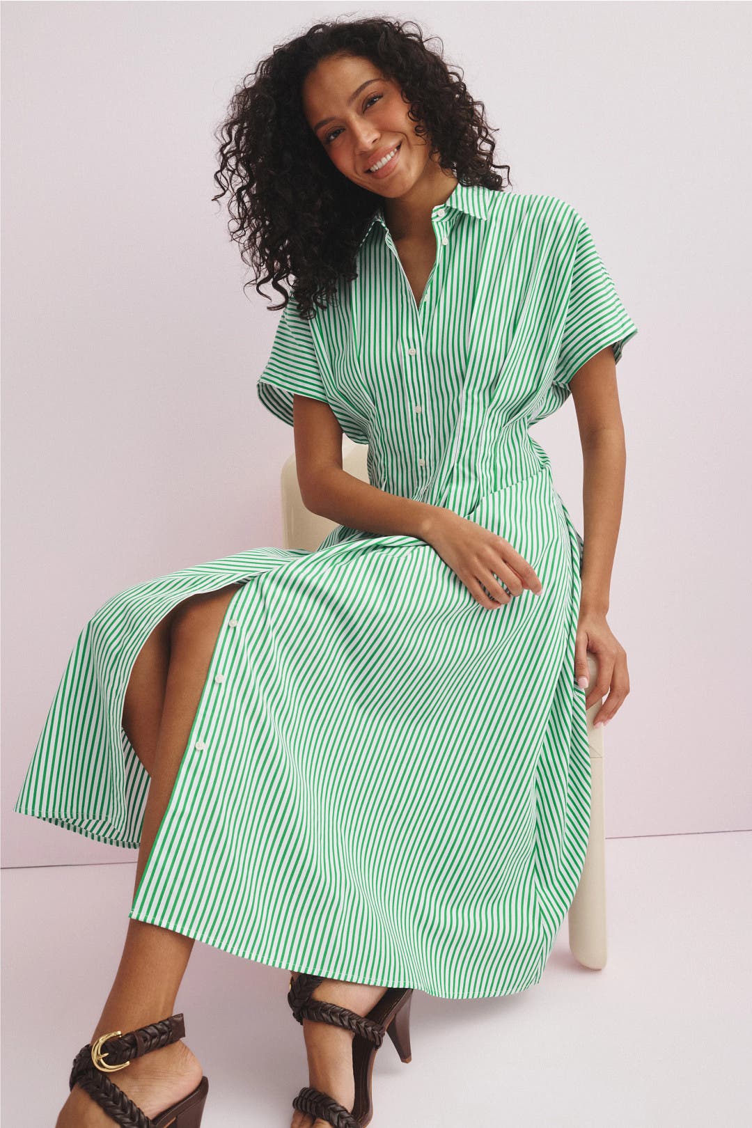 Lauren Ralph Lauren Short Sleeve Striped Collared Midi Dress White-green-print