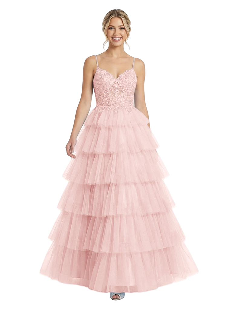 Fancy V-Neck Lace Tiered Tulle Ball Gown Romantic Sparkly Spaghetti Strap Prom Dress - light-pink