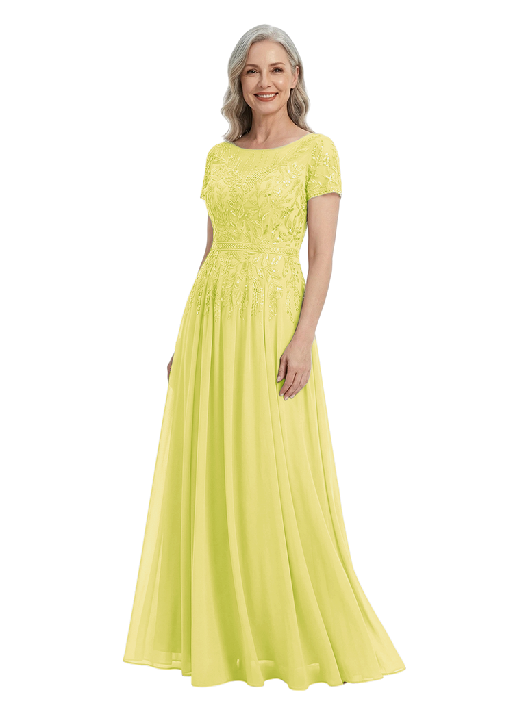 ChicSew Short Sleeves Lace Appliques Sequin Chiffon A-Line Mother Of The Groom Dress