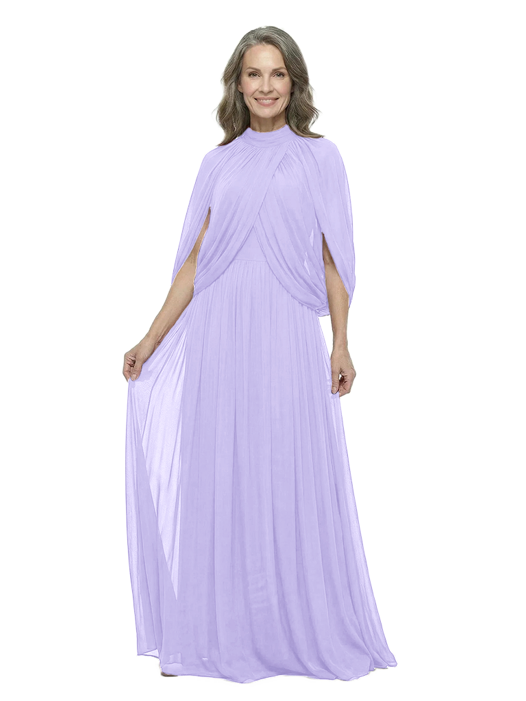 ChicSew High Neck Cape Sleeve Pleated Waist Floor Length Chiffon A-Line Mother of the Bride Dresses