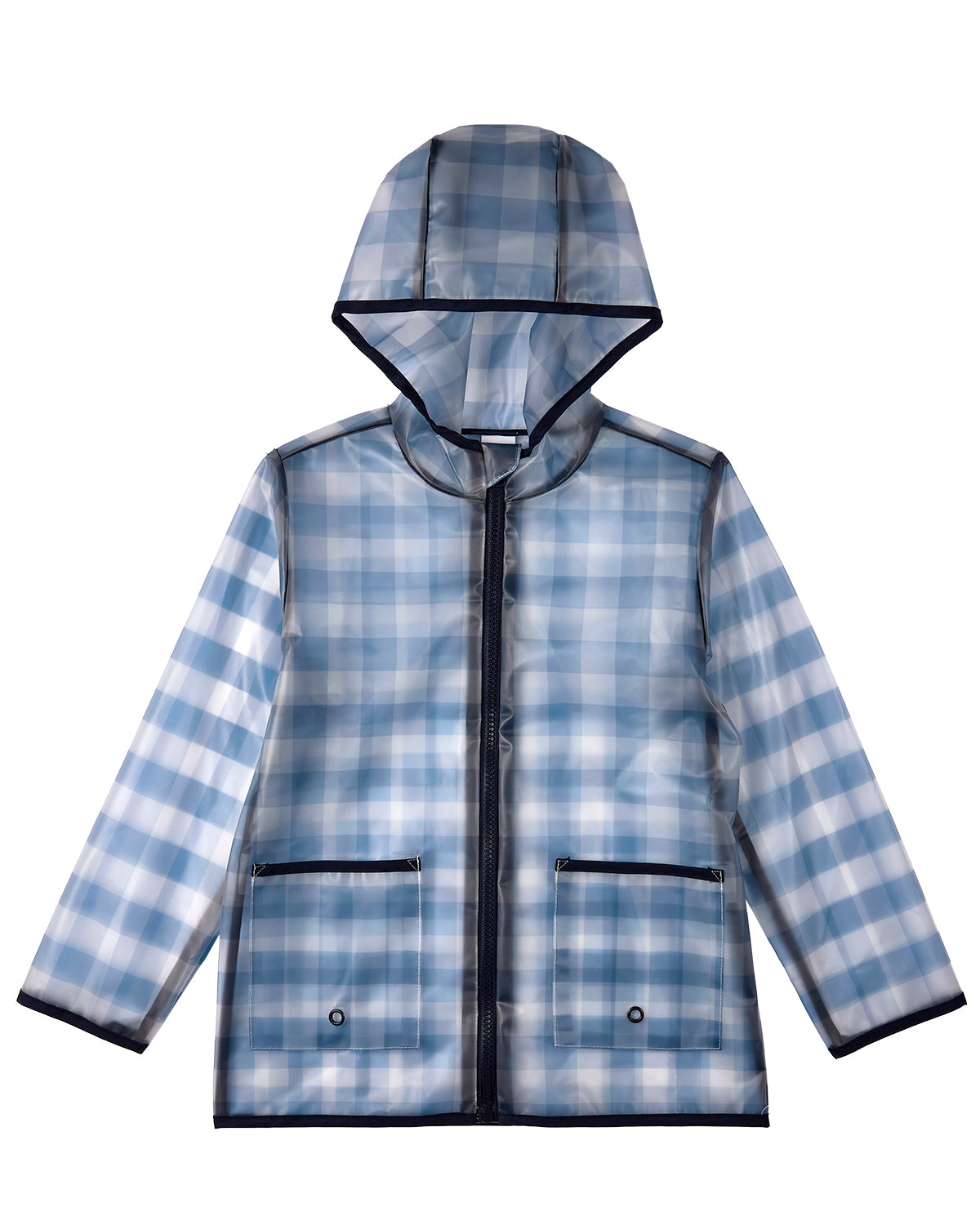 Kids "Checkmate" Checkered Raincoat with Self-Storage Pouch - Navy