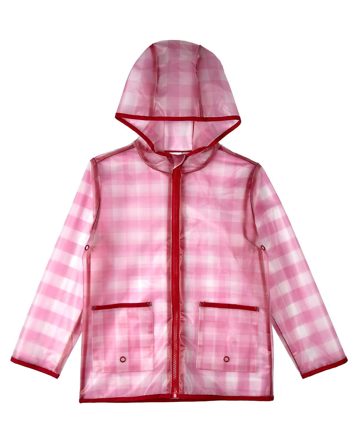 Kids "Checkmate" Checkered Raincoat with Self-Storage Pouch - Pink
