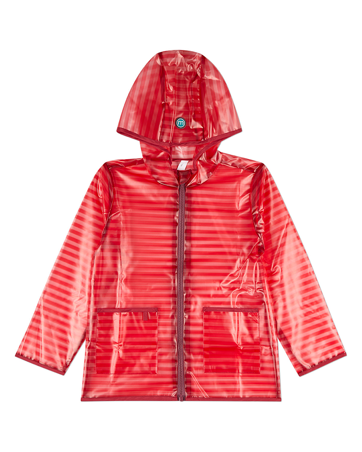 Kids Striped Translucent Waterproof Zippered Raincoat with Carry Pouch - Red