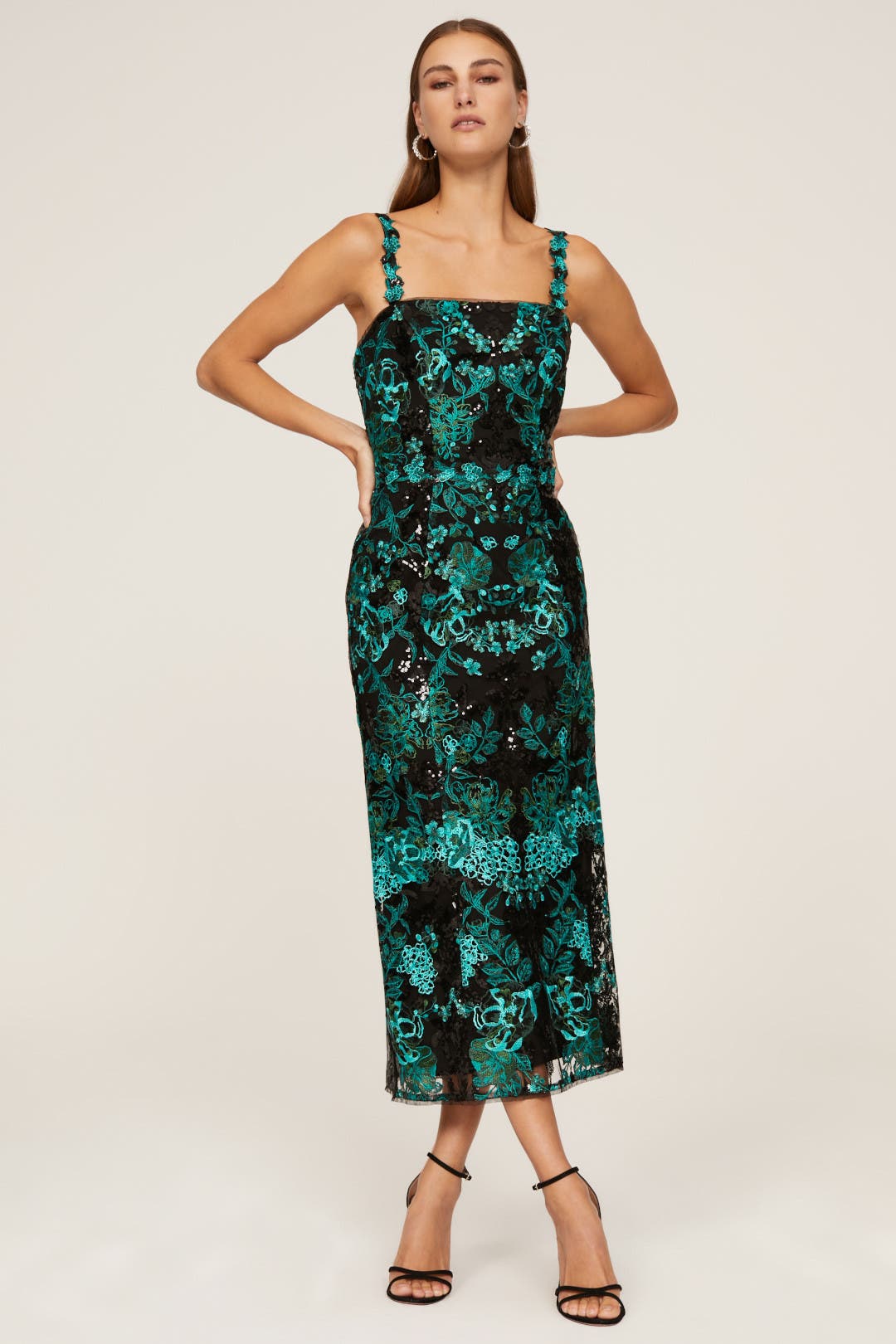 Marchesa Notte Embroidered Sequin Dress Green-black-print